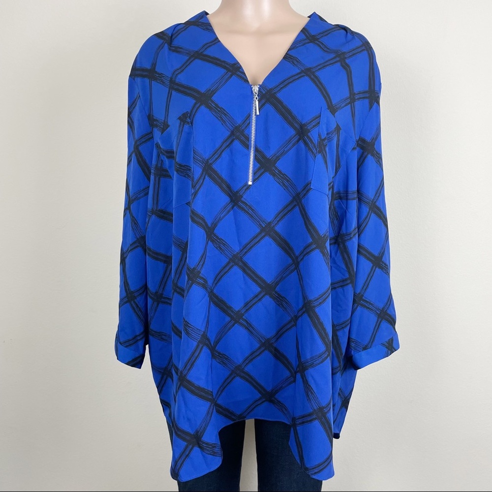 Jaclyn Smith Sz 3X Tunic Top Women Blue Black Zipper V Neck 3/4 Sleeves High Lo
